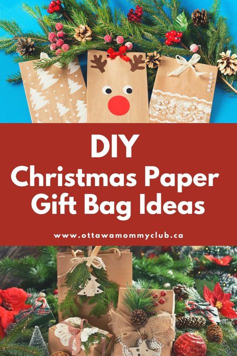 Bags For Christmas Gifts, Xmas Gift Bags Diy, Holiday Gift Bag Decorating Ideas, Decorating Paper Bags Ideas, Decorating Christmas Gift Bags, Xmas Gift Bags Ideas, Christmas Bags Diy Paper, Decorating Gift Bags For Christmas, Christmas Paper Bags Ideas Diy Gifts