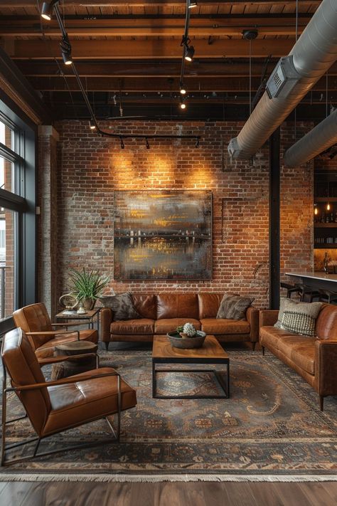 29 Industrial Living Room Ideas 1 Industrial Aesthetic Living Room, Industrial Brick House, Industrial Shabby Chic, Brick Loft Apartment Decor, Dark Wall Ideas, Industrial Loft Apartment Warehouse Living, Brick Apartment Aesthetic, Industrial Aesthetic Interior Design, Brick Loft Apartment