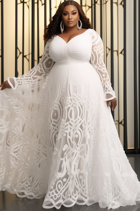 Plus Size Elopement Dress, White V Neck Long Sleeve, Long Sleeve Maxi Dresses, Engagement Gowns, Plus Wedding Dresses, Plus Size Brides, White Ball Gowns, Wedding Dress Cake, Civil Wedding Dresses