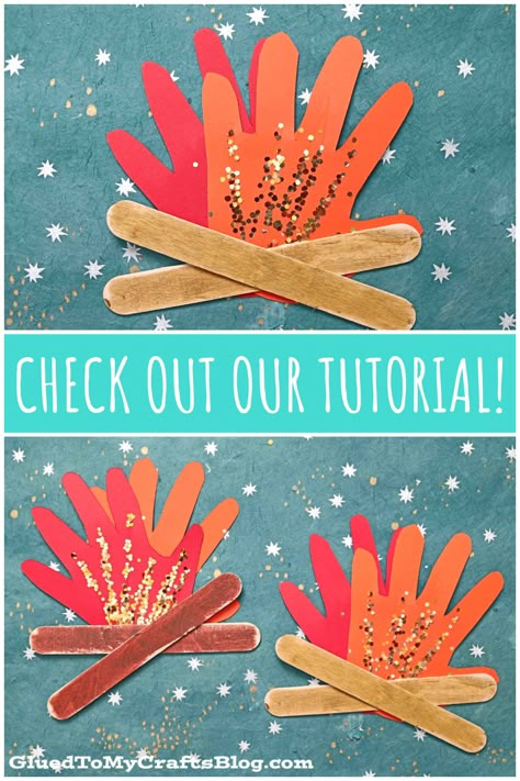 Popsicle Stick Campfire Craft, Construction Paper Campfire, How To Make A Campfire Out Of Paper, Campfire Day At School, Handprint Campfire Craft, Campfire Preschool Craft, Backyard Crafts For Kids, Popsicle Preschool Craft, Camping Crafts For Pre K