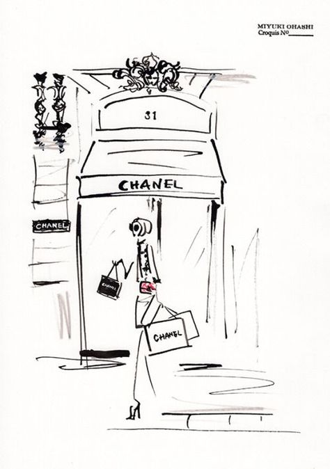 Chanel Drawing, Miyuki Ohashi, Chanel Illustration, Minimal Shirt Design, Boutique Instagram, Chanel Boutique, Fashion Design Sketch, Bridesmaid Boxes, Drawing Bag