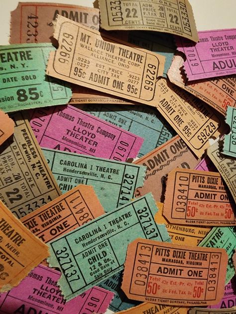 Choice of 35 tickets from a variety of theaters. I think these date from the 1930's to the 50's.     Lloyd Theater - Menominee, MI - Adult, Sun Theater - Gothenburg, Nebr,  Peerless - Erwin, NC, Pitts Dixie Theater - Manassas, Virginia,  Dover Theater - Dover Plains, N.Y., Rosendal Theatre - Rosendale, MO Carolina Theatre - adult and Carolina Theatre - child. Peerless theater - gray -Erwin, NC Mt Union Theater - light pink - Alliance, Ohio Admit one child - Beige Sun Theater - tan - Gothenburg, Theatre Tickets Aesthetic, Theatre Ticket Aesthetic, 1920s Theatre Aesthetic, Theater Nerd Aesthetic, Theatre Club Aesthetic, 70s Movie Theater, Vintage Theatre Poster, Theatre Teacher Classroom, Pink Theatre Aesthetic