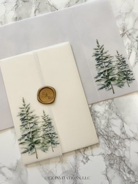 Evergreen Vellum Wrap, 5x7 Vellum Wedding Invitation, Rustic Vellum Jacket, Two Tree Printed Wrap for DIY Invitations, Winter Wedding - Etsy Chic Christmas Wedding, Wedding Invitations Christmas Theme, Winter Boho Wedding Decor, Budget Winter Wedding, Rustic Winter Wedding Invitations, Christmas Themed Wedding Invitations, Green Winter Wedding Theme, Emerald Winter Wedding, Unique Winter Wedding Ideas