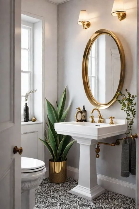 Pedestal sink modern bathroom vintage accents Powder Room Ideas Pedestal Sink Modern, Pedestal Sink Decorating Ideas, Pedastool Sink, Half Bath Sink, Pedestal Sink Bathroom Ideas, Powder Room With Pedestal Sink, Modern Condo Living Room, Pedastal Sink, Fun Bathrooms