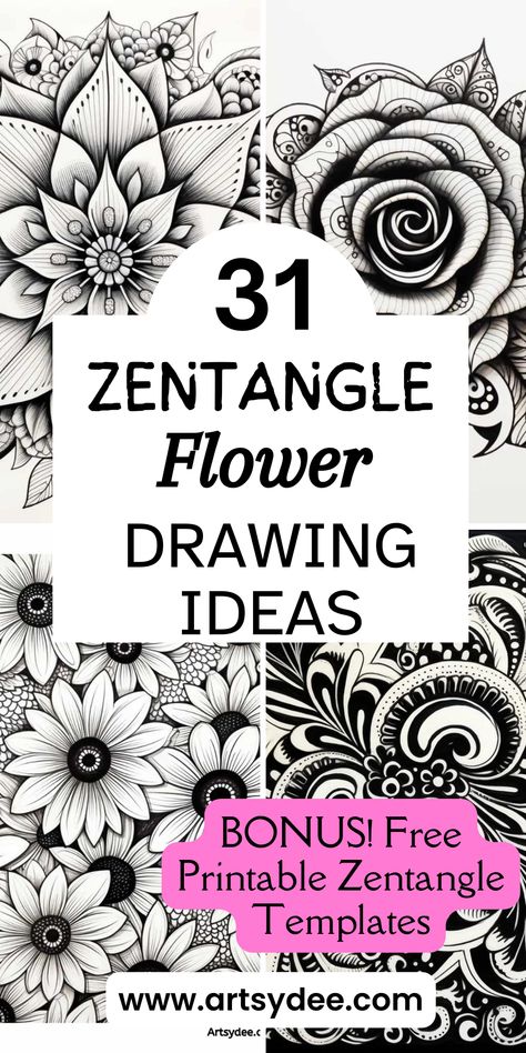 Explore 31 Zentangle Flowers for Your Sketchbook Art Inspiration! Enhance your artistic journey with a stunning array of floral zentangle designs. Ignite your creativity and find inspiration for your sketchbook art. These zentangle flowers, from intricate petals to mesmerizing patterns, will breathe life into your artwork. Immerse yourself in the beauty of zentangle floral art and ignite your imagination today! Don't forget to grab the bonus free zentangle flower templates. Intricate Drawing Ideas, How To Draw Whimsical Flowers, Zen Doodle Flowers, Zentangle Patterns Flower, Unique Zentangle Drawings, Random Patterns Drawing, Zentangle Animals Art, Floral Zentangle, Zantangle Art