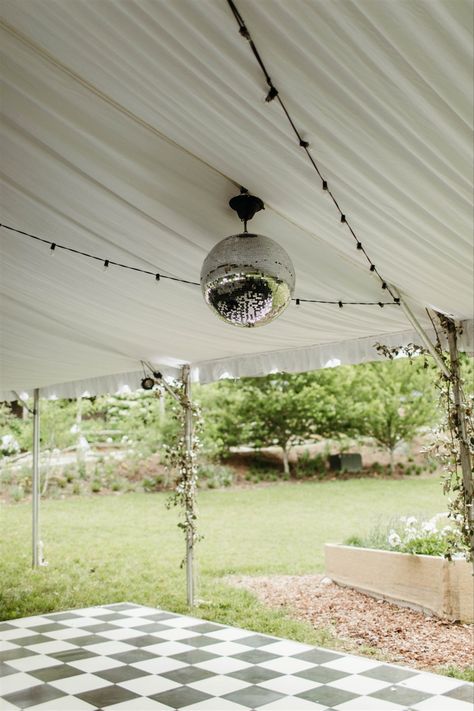 Garden Party Dance Floor, Dance Floor Disco Ball, Disco Backyard Party, Wedding Dance Floor Indoor, Disco Dance Floor Wedding, Disco Ball Tent Wedding, Backyard Dance Floor, Backyard Wedding Dance Floor, Wedding Dance Floor