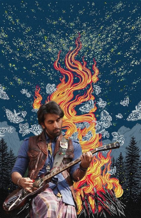 Do not repost Kishore Kumar Aesthetic, Rockstar Movie Art, Rockstar Painting, Rockstar Ranbir Kapoor, Rockstar Movie, Tamasha Movie, Imtiaz Ali, Bollywood Aesthetics, Bollywood Wallpaper