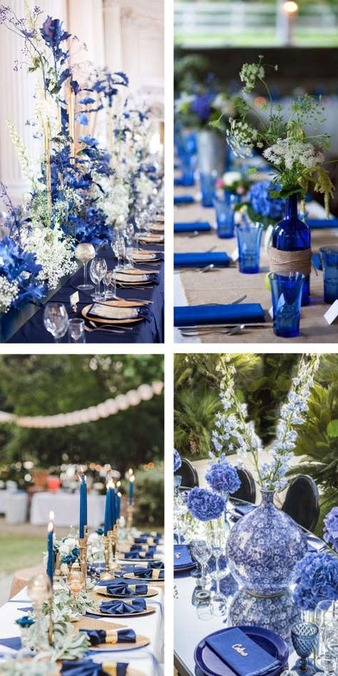 Royal Blue Theme Party, Royal Blue Summer Wedding, Royal Blue Table Decor, Wedding Royal Blue Theme, Royal Blue And Cream Wedding, Rustic Royal Blue Wedding, Sapphire Theme Party, Cobalt Wedding Theme, Royal Blue Wedding Aesthetic