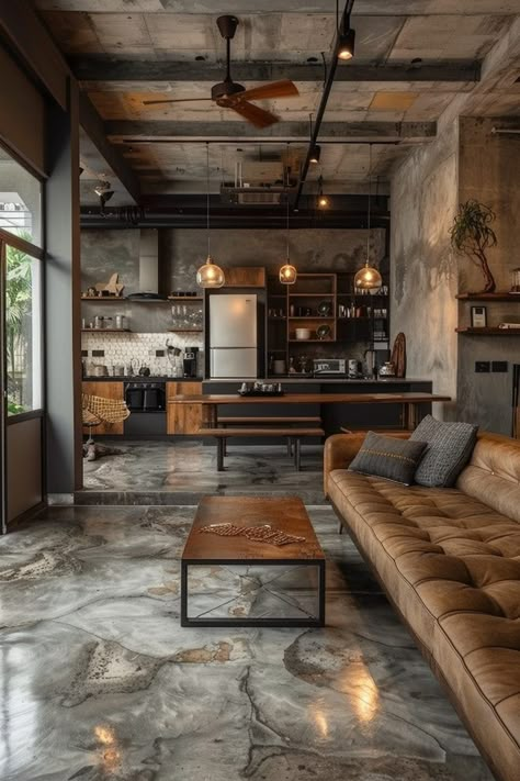 29 Industrial Living Room Ideas 2 Wallpaper Industrial Design, Concrete Floor Design Ideas, Concrete Interior Design Living Room, Concrete Loft Apartment, Concrete Living Room Ideas, Warm Industrial Interior, Rustic Concrete Floors, Industrial Modern Decor, Scandinavian Industrial Interior