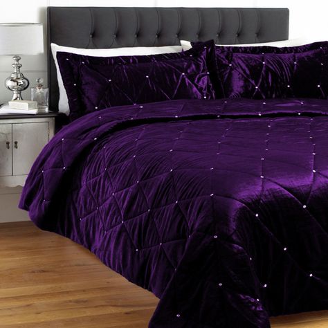 5 Pc 15"D.Pkt Oly Queen Purple Crystal Quilted Velvet Duvet Cover Set