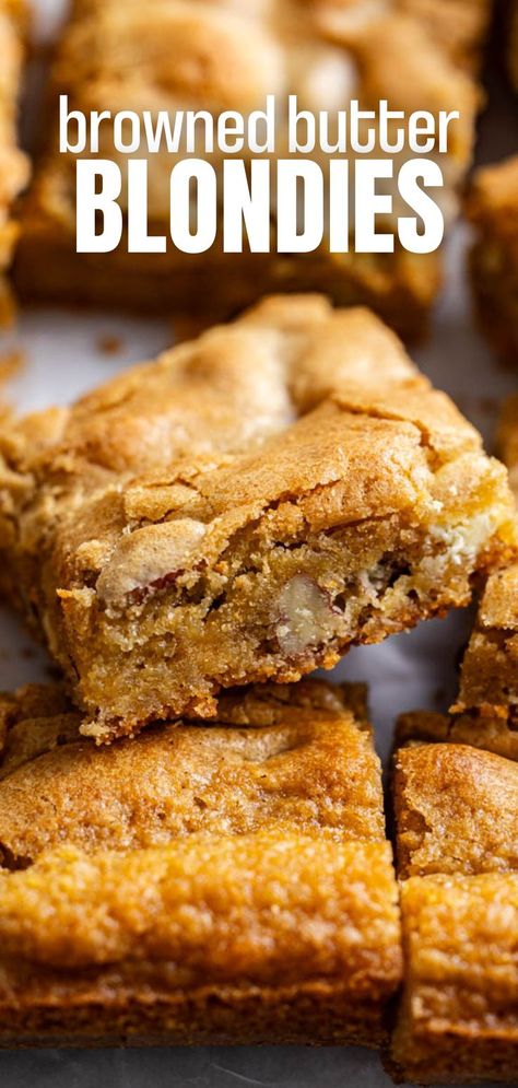 A close up view of squares of browned butter blondies. Recipes Using Browned Butter, Blonde Bars Blondie Brownies, Blonde Brownies Cake Mix Blondie Recipe, Browned Butter Blondies Recipe, Blonde Brownie Recipes, Blonde Recipe Brownies, Blondes Recipe Blondie Brownies, Caramel Blondies Recipe, Brown Butter Blondies Recipes