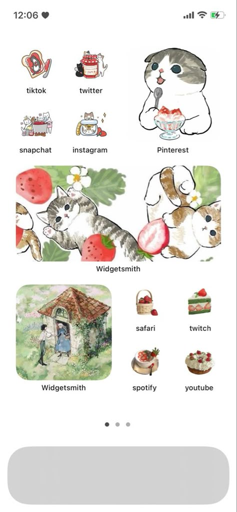 Strawberry Cats Wallpaper, Cat Home Screen Ideas, Strawberry Themed Homescreen, Iphone 7 Aesthetic Homescreen, Chinese Phone Layout, Cat Iphone Layout, Strawberry Iphone Layout, Ios Theme Anime, Strawberry Ios Theme