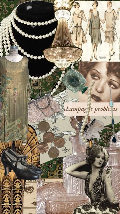 1920s Green Aesthetic, The 1920s Aesthetic, 1920s Fashion Moodboard, Art Deco Collage Ideas, 1920 Fashion Aesthetic, 1920s Glamour Aesthetic, Vintage Aesthetic Moodboard, Vintage 1920s Aesthetic, 20s Aesthetic Wallpaper