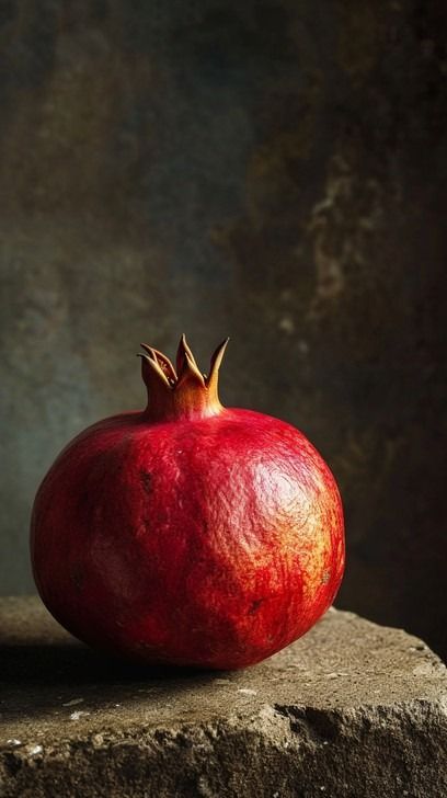 A single ripe pomegranate fruit sitting on a stone surface against a textured dark background. Still Life Fruit, Fruit Photography, Still Life Photos, Fruit Painting, Painting Still Life, Still Life Art, Still Lifes, Fruit Art, Caravaggio