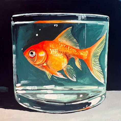 * SOLD * Don’t worry, no goldfish were harmed in the making of this painting. 😉 Daily Painting Just posted in my online store (KateBirchArt.com) Link in bio! Gouache on paper Paper size 6x6 inches with small white border $125 *** please note for international orders a customs tax may be required upon delivery *** #gouachepainting #stilllifepainting #artistsoninstagram #painteveryday #colorfulart #gouache #dailypainting #dailyart #utahartist #makearteveryday #gouacheartist #art #painting ... Goldfish Bowl Painting, Ideas For Small Paintings, Goldfish Oil Painting, Aesthetic Fish Painting, Gouache Art Ideas, Fish In Water Painting, Goldfish Reference, Fish Bowl Painting, Goldfish Art Illustrations