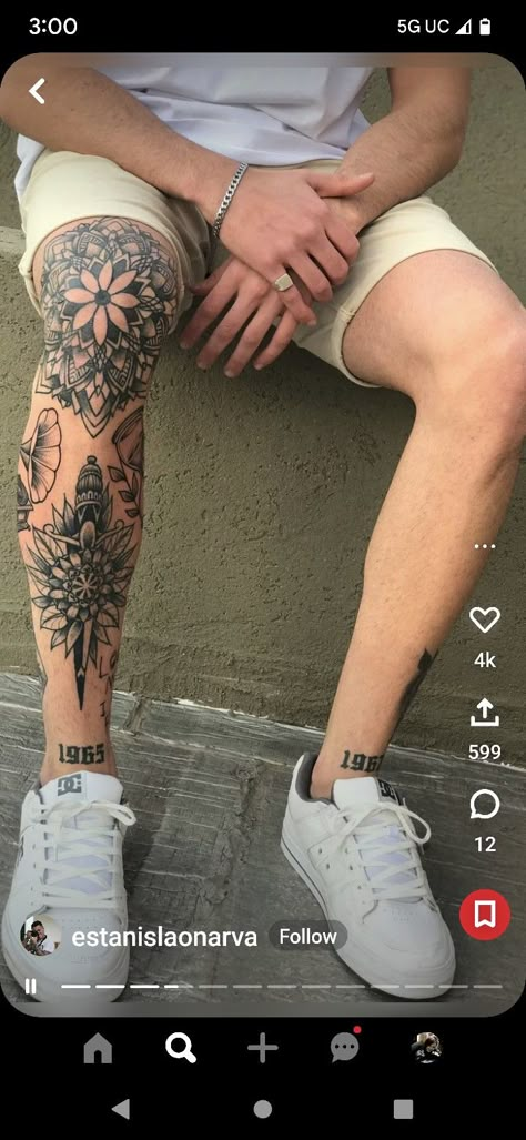 Tattoos Inspired By Books, Geometric Tattoo Leg, Mandala Tattoo Men, Tattoo Knee, Calf Tattoo Men, Thigh Tattoo Men, Tattoo Samples, Lower Leg Tattoos, Shin Tattoo