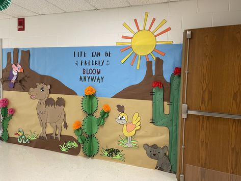 Desert Animal Bulletin Board, Ecosystem Classroom Transformation, Desert Theme Classroom Decorations, Desert Bulletin Board Ideas, Desert Theme Bulletin Boards, Desert Classroom Decor, Habitat Bulletin Board Ideas, Desert Theme Party Decorations, Cowboy Bulletin Board Ideas