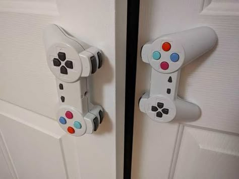 Custom Closet Doors, Gamer Room Diy, Closet Door Handles, Nerd Room, Video Game Room Design, Boy Bedroom Design, Gamer Room Decor, Game Room Ideas, Video Game Rooms