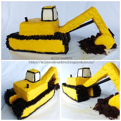 mila+cuatro: How to make a 3D digger cake [Excavator cake] Digger Birthday Cake, Excavator Cake, Digger Cake, Digger Party, Crunchie Bar, Construction Birthday Cake, Digger Birthday, Construction Cake, Construction Birthday Party