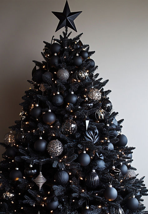 Black Dark Christmas Tree Decor Theme Christmas Tree Unique Decorations, Black Christmas Tree With Black Ornaments, Crow Christmas Tree, Black Decorations Christmas Tree, Black Tree Decorating Ideas, Modern Black Christmas Tree, All Black Christmas Tree, Black Red Christmas Tree, Black Christmas Tree Decorations Ideas