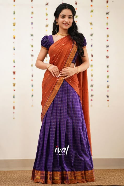 Silk Half Saree Lehenga, Langa Davani Designs, Half Saree Lehenga Langa Voni, Davani Half Saree, Simple Half Saree, Half Saree For Women, Half Saree Designs Simple, Traditional Half Saree Designs, Langa Voni Half Saree