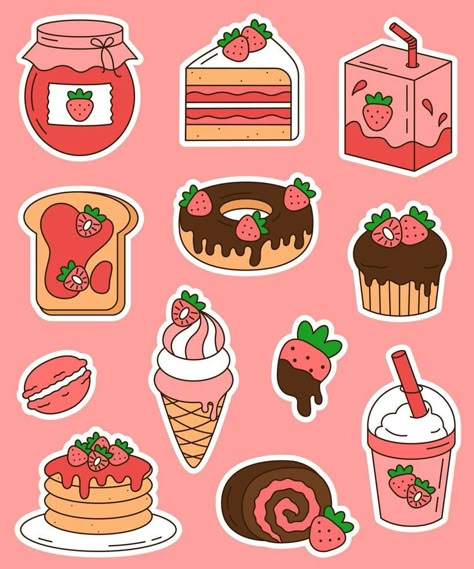 Cute sticker set with strawberry desserts and drinks isolated on white background. Dessert Stickers, Bujo Stickers, 귀여운 음식 그림, Drink Stickers, Cute Easy Doodles, Cute Laptop Stickers, Arte Van Gogh, Stickers Kawaii, Cute Food Drawings