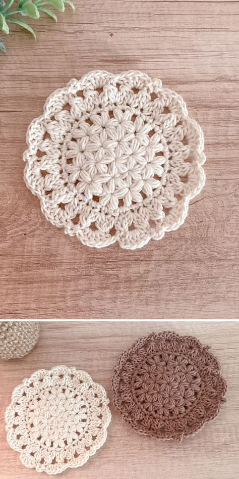 Free Crochet Coasters Patterns for Beginners- Pattern Center Crochet Coasters In A Pot, Crochet Motif Flower, Cottagecore Projects, Star Coaster Crochet Pattern, Crochet Motif Patterns Free, Crochet Plant Coaster, Crochet Home Decor Ideas, Crochet Coaster Patterns, Diy Coaster