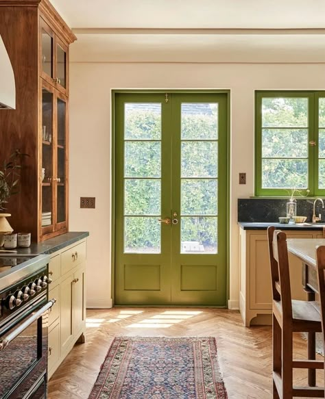 Exterior French Doors Dining Room, Colorful Galley Kitchen, Range Hood Wood, Kate Arends, Painted Cabinet, Door Trim, Wood Cabinet, Window Trim, Pretty House