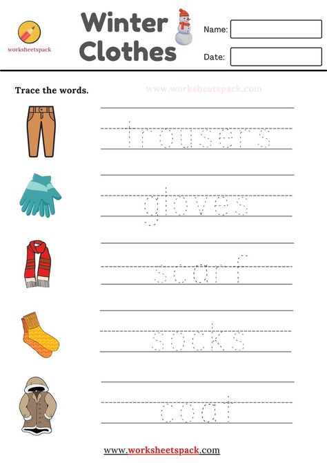 Free words tracing activities for kindergarten. Kindergarten Handwriting Activities, Clothes Worksheet, Kindergarten Vocabulary, Clothes Words, Kindergarten Word Families, Seasons Worksheets, Tracing Worksheets Free, Missing Letters, Word Family Worksheets