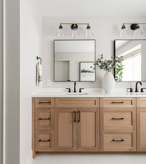 Decorating A Double Sink Vanity, Vanity Ideas Master Bath, Natural Wood Vanity Bathroom, Kids Bathroom Remodel, Double Sinks, Bathroom Features, Suite Bathroom, Shower Fixtures, Bathroom Redesign