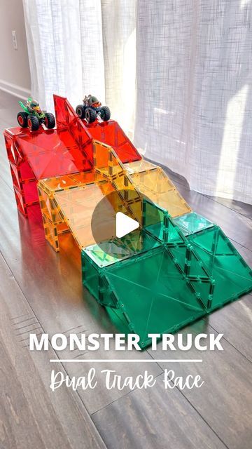 Alice | Magnetic Tiles Play Ideas on Instagram: "🚙Comment RACE if you want the instructions sent to you.   Rev up the fun with this Dual Track Monster Truck Magnetic Tile Ramp! Perfect for little engineers, this set combines the thrill of racing with the creativity of building. Get ready for hours of high-speed, STEM-powered excitement!  #STEMtoys #MagneticTiles #KidsBuildingFun #MonsterTruckMadness #CreativePlay #EducationalToys #KidsActivities #ToddlerPlaytime #LearningThroughPlay #BuildingToys #DualTrackFun #RampRacing #ToyCars #EarlyLearning #STEMKids #ImaginationPlay #HandsOnLearning #InteractiveToys #Pandamommyteacher #KidsSTEM #connetixtiles" Magnatiles Truck, Magnetiles Builds Ramp, Ramp With Magnatiles, Building With Magnetic Tiles, Picasso Tiles Race Track Ideas, Magtiles Ideas, Magnatiles Building Ideas, Magna Tiles Ramp, Monster Truck Play Ideas