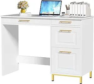 White Writing Desk With Drawers, Girls Vanity Desk, Bedroom Writing Desk, Gold Home Office, White Desk With Drawers, Bedroom Vanity Desk, Desk For Bedroom, Desk For Small Spaces, White Writing Desk