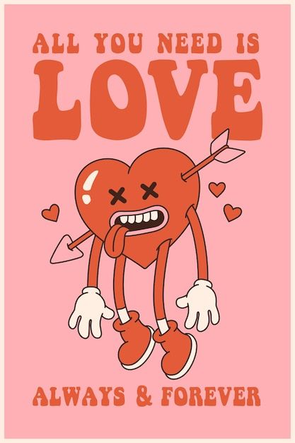 Love Design Poster, Love Vector Illustration, Heart Graphic Design Illustration, Heart Character Design, Retro Illustration Graphics, Retro Valentines Aesthetic, Curly Character, Valentines Day Graphic Design, Love Poster Design