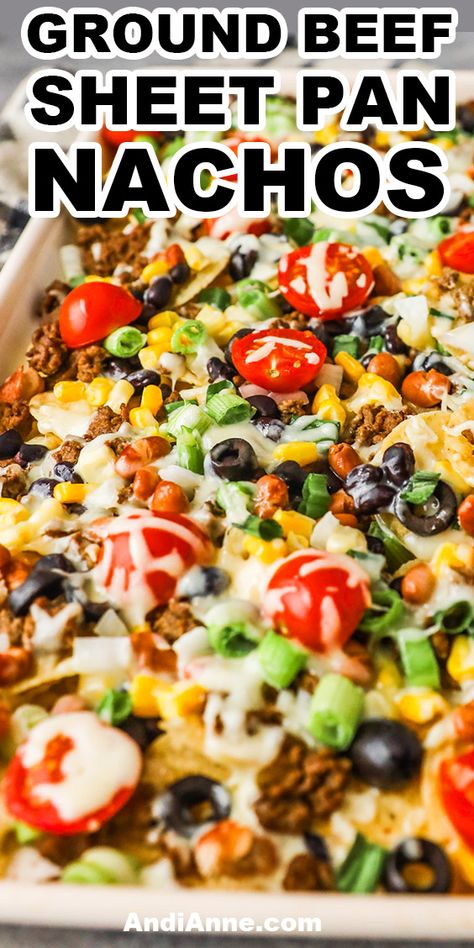 Sheet Pan Ground Beef Nachos Nacho Recipes Easy Ground Beef, Nacho With Ground Beef, Nachos Oven Baked, Pan Sheet Nachos, Sheetpan Nachos Recipe, Healthy Sheet Pan Nachos, Loaded Sheet Pan Nachos, Easy Oven Nachos, Taco Nachos Ground Beef