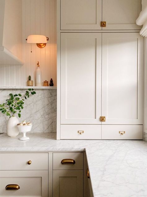 Countertop Pantry, Greige Kitchen Cabinets, Beige Kitchen Cabinets, Greige Kitchen, Beige Cabinets, Floor Renovation, Beige Kitchen, Sink Design, Shaker Kitchen