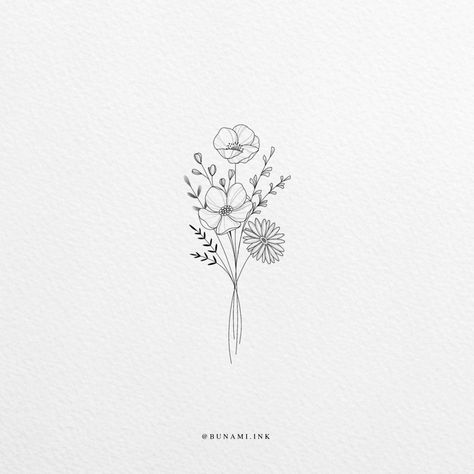 Wild flower bouquet (sold) Small Wild Flowers Tattoo, Minimalist Bouquet Drawing, September Bouquet Tattoo, Minimal Bouquet Tattoo, Small Boquetes Of Flowers Tatoos, Small Bouquet Of Flowers Drawing, July Flower Bouquet Tattoo, February Flower Bouquet Tattoo, September Flower Bouquet Tattoo