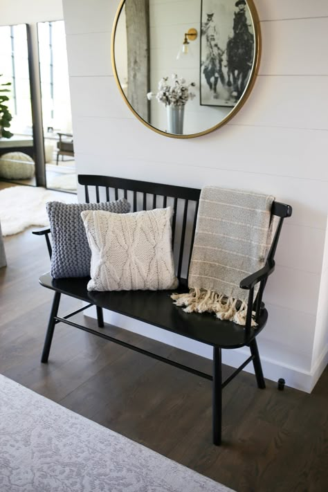 Bench Styling Entryway, Minimalist Entryway Bench, Black Bench In Entryway, Wall Above Bench Decor, Mirror Above Bench Entryway, Front Entry With Bench, Wall Decor Over Bench, Black Bench Entryway Decor, Indoor Bench Decor