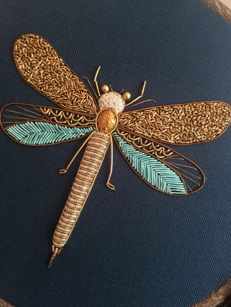 Shimmering Metallic Embroideries of Dragonflies and Other Insects by Humayrah Bint Altaf | Colossal Gold Work Embroidery, New Embroidery Designs, Brazilian Embroidery, Embroidery Motifs, Handwork Embroidery Design, Bead Embroidery Jewelry, Sewing Embroidery Designs, Silk Ribbon Embroidery, Hand Embroidery Art