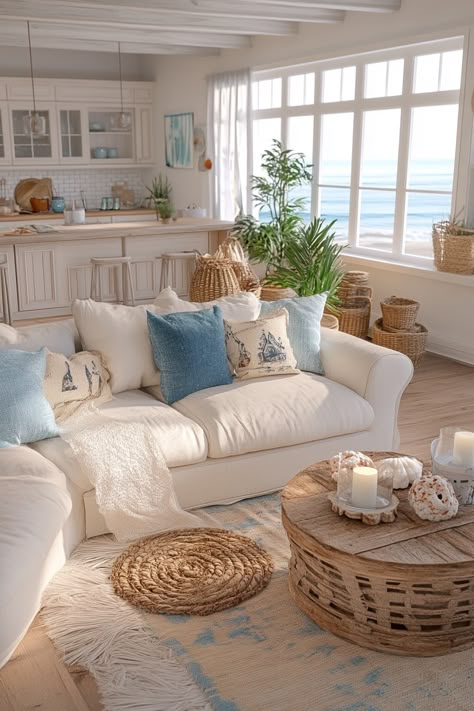 Explore Coastal Cottage Inspirations for your dream home! Embrace airy designs and seaside vibes. #CoastalLiving #HomeDesign Coastal Small Apartment, Colorful Beach House Living Room, Aesthetic Beach House Interior, Beach Coastal House, Tiny Coastal Cottage, Italian Coastal Home, Beach Aesthetic Living Rooms, Costal House Aesthic, Costal House Interiors