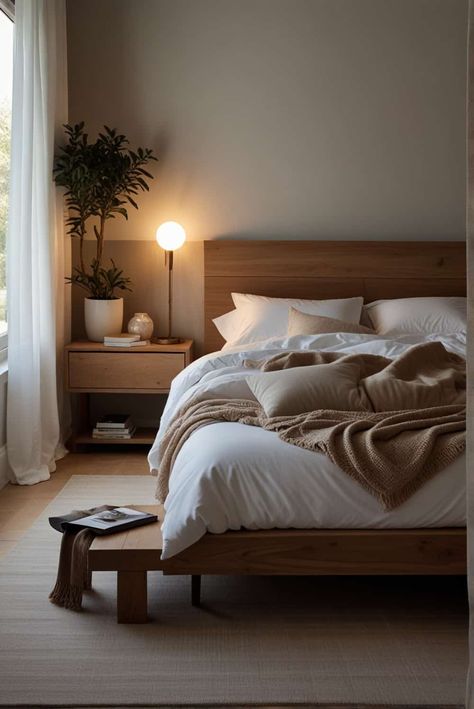 Minimalist Bedroom Ideas using sunlight to enhance serene bedroom ambiance 1 Minimalist Bedroom Ideas Small Spaces, Airbnb Flat Ideas, Bedroom Inspo Scandinavian, Minimalist Functional Bedroom, Model Home Bedroom Ideas, Wooden Cozy Bedroom, Couple Bedroom Ideas Minimalist, Dark Walnut Bedroom Ideas, Cozy Bedroom Minimal