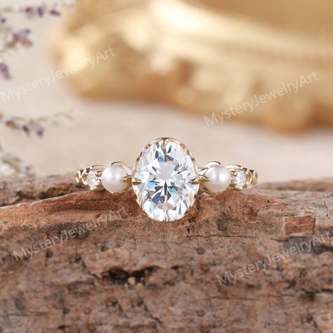 Oval Engagement Ring With Pearls, Pearl And Moissanite Engagement Ring, Diamond With Pearl Engagement Ring, Oval And Pearl Engagement Ring, Diamond Engagement Ring With Pearls, Engagement Ring Pearl And Diamond, Oval Diamond And Pearl Engagement Ring, Engagement Rings Pearls, Pearl Accent Engagement Ring