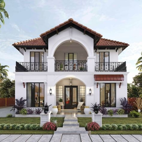 Goa Houses, Small Spanish House, Small Modern House Plans, Cottage Style House Plans, Dream Life House, French Style Homes, Mediterranean Style Homes, Townhouse Designs, Modern Style House Plans