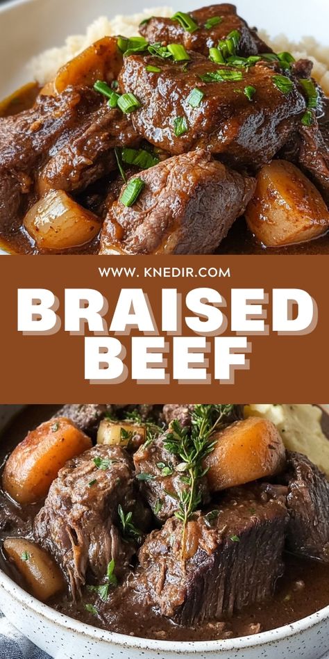 Craving something rich and satisfying? This Melt-in-Your-Mouth Braised Beef is slow-cooked to perfection, delivering tender, flavorful bites in every mouthful. Ideal for Sunday dinners or special occasions, this dish is sure to impress your family and guests. Pair it with mashed potatoes or roasted veggies for a full meal! 👉 Save this pin to try this classic comfort food today! #BraisedBeef #ComfortFood #SlowCookerRecipes #DinnerIdeas #BeefRecipes #HeartyMeals #FallCooking Beef Braising Steak Recipes, Braised Beef With Mashed Potatoes, Slow Braised Beef, Braised Roast Beef, French Onion Braised Beef, How To Braise Meat, Crock Pot Braised Beef, Soft Beef Recipes, Braising Beef Recipes