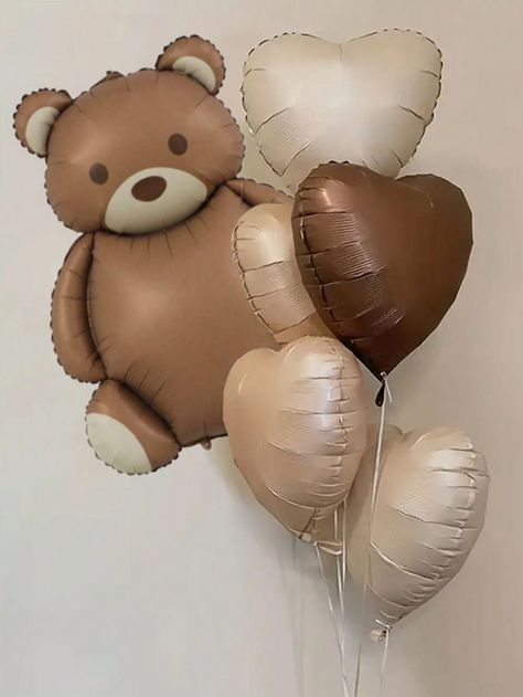 6pcs/Set 18-Inch Vintage Love Heart Aluminum Foil Balloons Decorated With Coffee Bears For Birthday, Weddings, Valentine'S Day, And Other GatheringsI discovered amazing products on SHEIN.com, come check them out! Teddy Bear Baby Shower Theme, Welcome Baby Party, Baby Birthday Party Decorations, Baby Party Decorations, Bear Baby Shower Theme, Small Balloons, Bear Birthday Party, Love Balloon, Teddy Bear Baby Shower