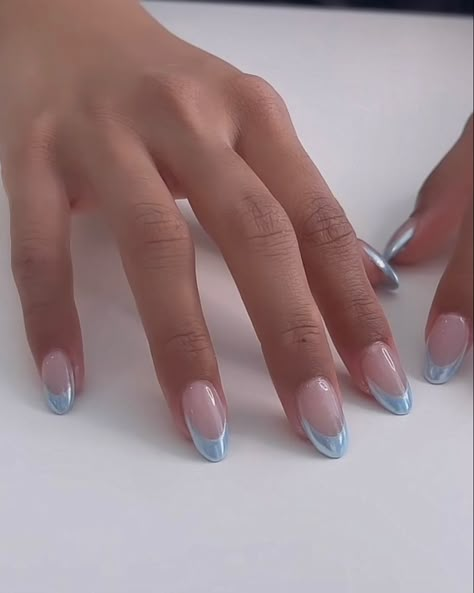 Blue French Tip Chrome Nails, Baby Blue French Tip, Tip Chrome Nails, French Tip Chrome Nails, French Tip Chrome, Blue French Tip, Hoco Nails, Her Nails, Tip Nails