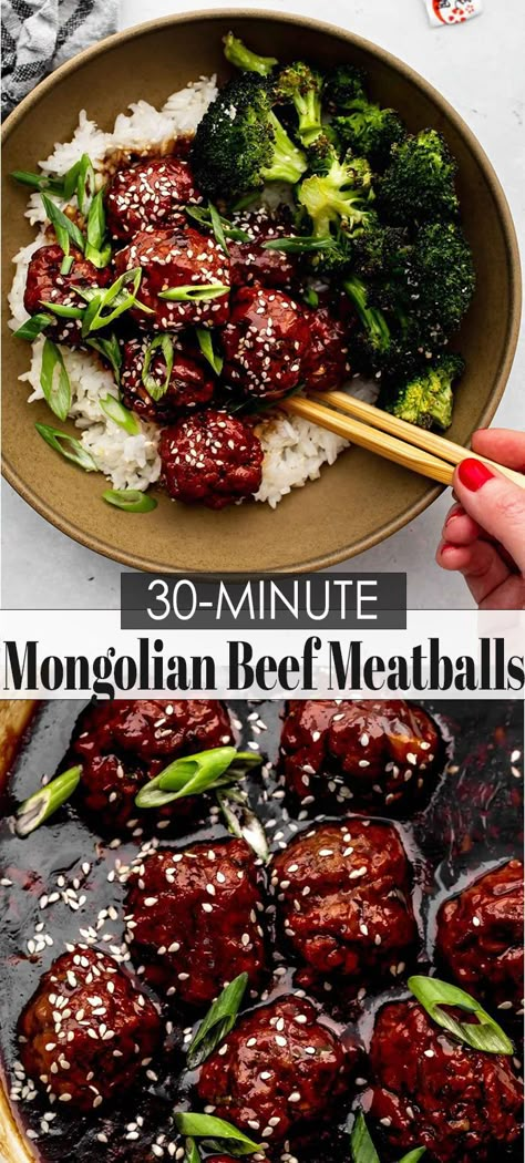 Mongolian Beef Meatballs, Meatballs And Broccoli, Mongolian Meatballs, Easy Mongolian Beef, Mongolian Beef, Beef Meatballs, Dinner With Ground Beef, Think Food, Beef Recipes Easy