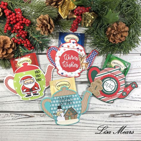 Christmas Tea Bag Holder, Lisa Mears Card Designs, Tea Gifts Diy, 12 Days Of Christmas Crafts, Christmas Tea Bags, Tea Bag Favors, Diy Tea Bags, Tea Bag Holders, Teapot Crafts