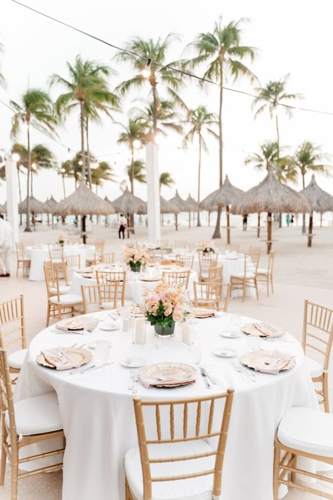 Beach Wedding Catering, Round Table Beach Wedding, Sandals Resort Wedding Reception, Beach Wedding Reception Table Decor, Minimalist Beach Wedding Reception, Wedding Reception On Beach, Beachfront Wedding Reception, Simple Beach Wedding Table Decor, Beach Wedding Reception Decorations