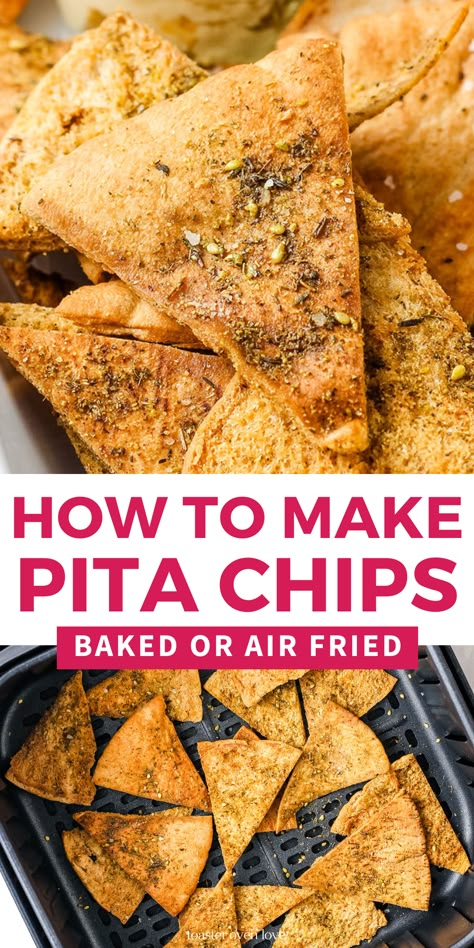 Closeup of seasoned pita chip and air fried pita chips in a basket. Healthy Air Fryer Snacks, Cuisinart Air Fryer, Pita Chips Recipe, Baked Pita Chips, Homemade Pita Chips, Air Fryer Snacks, Toaster Oven Recipes, Air Fryer Recipes Snacks, Homemade Pita