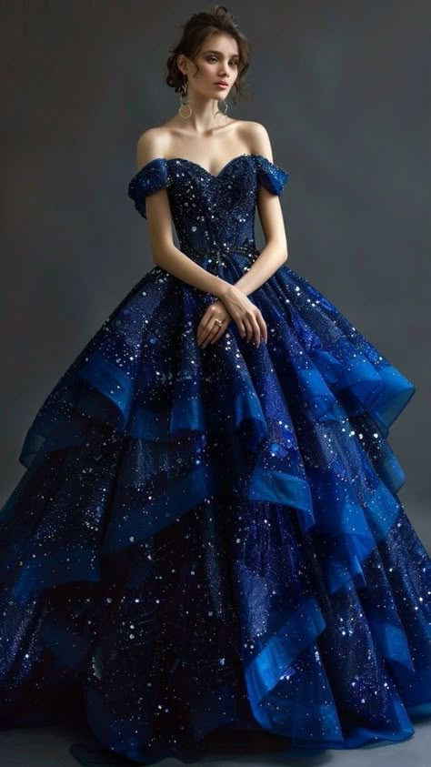 Navy Blue Fantasy Gown, Blue Star Wedding Dress, Night Sky Ball Gown, Enchanted Dress Fairytale, Dark Blue And Black Quinceanera Dresses, Dark Blue Dress With Stars, Galaxy Dress Prom, Sea Blue Prom Dress, Sapphire Ball Gown